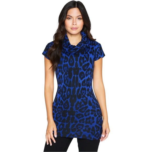 INC International Concepts Sweaters - INC International Concepts Blue Leopard Print Sweater Tunic Size XS Cowl Neck